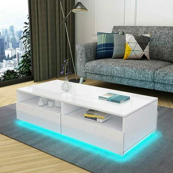 Журнальный столик со светодиодной подсветкой RGB, глянцевый, простой дизайн, приставной столик для мебели в гостиной, чайный столик, столы для домашнего хранения, Органайзер