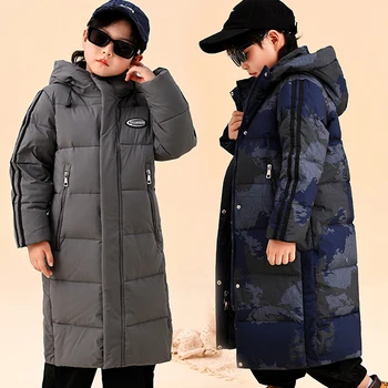 Зимняя куртка для мальчиков, теплое детское пуховое пальто, длинные утепленные детские парки, верхняя одежда с капюшоном для подростков 4-14 лет