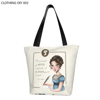 Кавайный принт с портретом Джейн Остин, сумки для покупок, Моющиеся Холщовые сумки на плечо, сумка для покупок, Роман Писателя