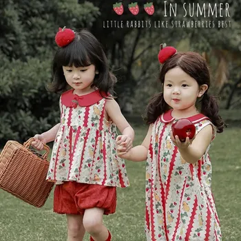 Комплект для девочек, Милая рубашка с кукольным воротничком, Лето 2023, Новые Детские Свободные тонкие брюки с цветочным рисунком, Детские хлопчатобумажные короткие брюки, комбинезоны