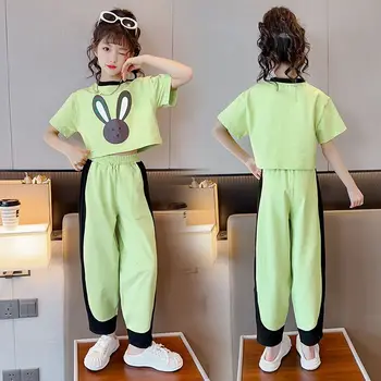 Комплект летней одежды для детей 2023 года, модный топ с короткими рукавами в корейском стиле для девочек + повседневные расклешенные брюки, комплект из 2 предметов от 5 до 14 лет