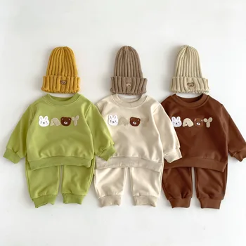 Корейская Детская одежда, Комплект для младенцев, Повседневные Толстовки с надписью Little Bear, Брюки, Наряды, Осенний спортивный костюм для новорожденных мальчиков и девочек, Малыш