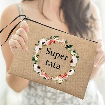 Косметичка с принтом венка Super Tata, женские косметички первой необходимости, льняная сумка на молнии, органайзер для туалетных принадлежностей для путешествий, подарки для Tata