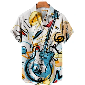 Летние Гавайские рубашки Для мужчин, Топы с музыкальным гитарным принтом, одежда, Модные повседневные блузки в стиле рок-н-ролл с воротником Оверсайз