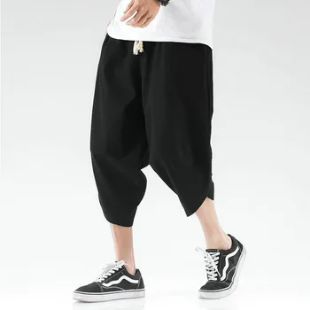 Летние повседневные брюки Harajuku с широкими штанинами, мужские хлопковые шаровары до икр, Мужские мешковатые брюки