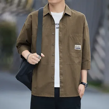 Летняя мужская рубашка из 100% хлопка, повседневная, с рукавом три четверти, тонкая, в японском стиле, свободная, однотонная, с двумя карманами, повседневные топы