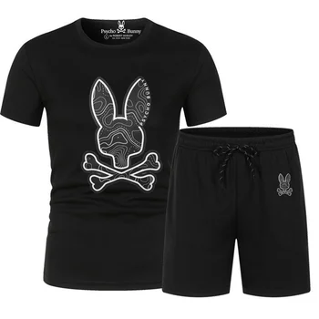 Летняя новая одежда с принтом Psycho Bunny, мужской топ с круглым вырезом и короткими рукавами + шорты, комплект из двух предметов, быстросохнущий спортивный комплект