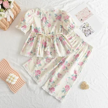 Летняя рубашка с цветочным принтом и рукавами-пузырями на шее для маленьких девочек и широкие брюки для девочек