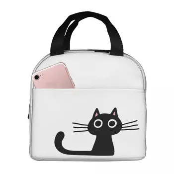 Милая кошечка, Черный котенок с широко раскрытыми глазами, Термоизолированные пакеты для ланча, Многоразовые сумки для хранения продуктов, ланч-бокс большой емкости.