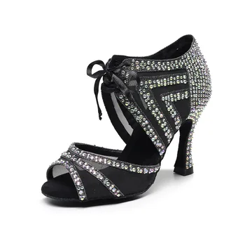 Модные женские туфли для латиноамериканских танцев со стразами, женская обувь на мягкой замшевой подошве, сапоги для бального танго, джаза, ча-ча-ча, сапоги для танцев на высоком каблуке 9 см, черные