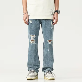 Модный дизайн, рваные Стильные мужские джинсы с дырками, Летняя Повседневная уличная одежда для тренировок, Длинные брюки синего цвета Vibe