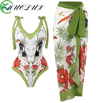 Модный цельный купальник 2023, женский купальный костюм, платье с женским принтом, сексуальный купальник с саронгом, летняя пляжная накидка-Монокини