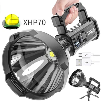 Мощный светодиодный фонарик XHP70 с 4 режимами, супер яркий тактический фонарь, перезаряжаемый через USB, Водонепроницаемый наружный прожектор, прожектор-прожектор