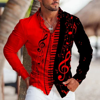 Мужская рубашка 2023 года Ноты для фортепиано, воротник-стойка с лацканами, длинные рукава, одежда с принтом, одежда из льна, дизайнерская повседневная одежда