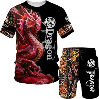 Мужская футболка и шорты, винтажная уличная одежда с 3D-принтом в виде дракона, высококачественный летний комплект из двух предметов