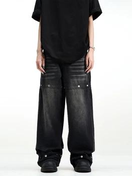 Мужские джинсы YIHANKE свободного покроя, стиранные в американском стиле, модная уличная одежда, темная одежда, джинсовые брюки с деконструкцией в стиле сафари