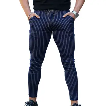 Мужские длинные брюки-карандаш с принтом в полоску, облегающие мужские брюки с регулируемой талией, Дышащая ткань для деловых встреч, Офисная одежда для мужчин