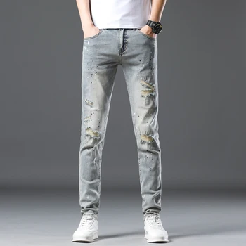 Мужские рваные джинсы Стрейч Светло-голубого цвета, потертые мужские джинсовые брюки в стиле хип-хоп, обтягивающие брюки, мужская одежда с принтом