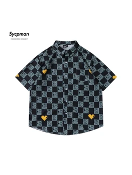 Мужские рубашки с короткими рукавами в стиле хип-хоп с буквенным принтом Sycpman, трендовая Летняя Свободная уличная одежда, Повседневная клетчатая рубашка, молодежная модная куртка