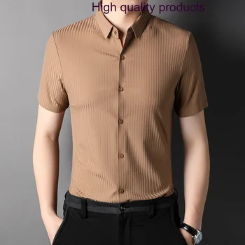 Мужское летнее элегантное повседневное мужское платье в полоску высокого качества с коротким рукавом, простые облегающие мужские рубашки размера плюс 4XL