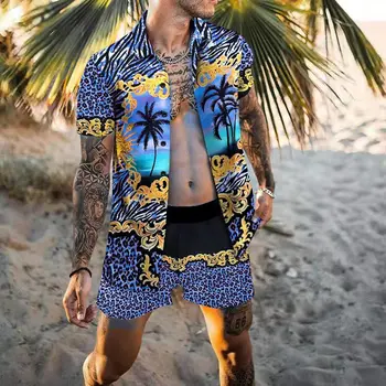 Мужской Гавайский комплект 2023 года, повседневная Свободная Удобная модная рубашка на пуговицах, рубашка с цветочным рисунком, шорты с фирменным принтом в стиле пляжного отдыха
