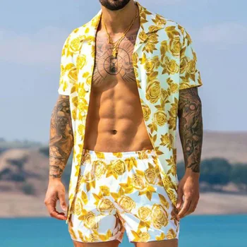 Мужской летний костюм в гавайском пляжном стиле тонкого размера с принтом, повседневная мода, Желтые Черные Розовые Шорты, Рубашка с рукавами