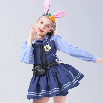 Набор из 9 предметов, повседневное платье кролика для девочки-полицейского, Шериф Города Безумных животных Джуди, танцевальное платье Джуди на Хэллоуин, Сценический кролик на День защиты детей