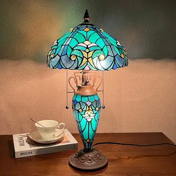 Настольная лампа Tiffany цвета морской волны, 3 фонаря, Витражная настольная лампа для чтения, антикварный светильник на тумбочке для гостиной