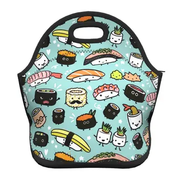 Неопреновые сумки для ланча с мультяшным рисунком японской кухни и суши, изолированные сумки для школы, офиса, холодильника для пикника, термос для ланча для женщин