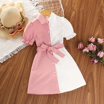 Новая детская одежда 2023 года, Летнее цветное платье-рубашка с коротким рукавом, платье для корейских девочек