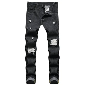 Новые классические черные мужские джинсы большого размера в Европе и Америке, повседневные прямые брюки с дырками, джинсовые брюки полной длины, рваные джинсы