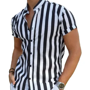 Новые летние мужские черно-белые винтажные рубашки в полоску, Модные повседневные Рубашки со стоячим воротником из 90% хлопка с коротким рукавом для мужчин Оверсайз
