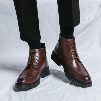 Новые мужские деловые ботильоны на молнии, кожаная обувь, высококачественная винтажная обувь из натуральной кожи с острым носком, мужская официальная одежда, обувь