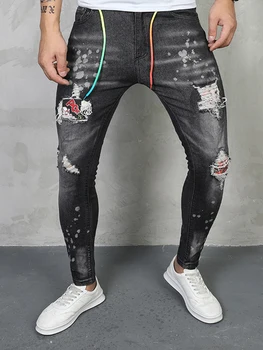 Облегающие джинсовые брюки для мужчин, идеально подходящие для повседневных и официальных мероприятий с ручной росписью в виде брызг, дизайнерские джинсы для мужчин