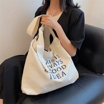 Оптовая продажа, 100 шт., женская сумка с буквенным принтом, повседневная хлопковая холщовая сумка через плечо большой емкости в стиле Ins, модная трендовая сумка-мессенджер