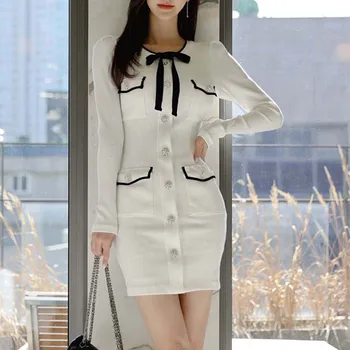 Осенне-зимнее новое шерстяное платье с небольшим ароматным бантом во французском стиле, приталенное белое трикотажное платье с длинным рукавом