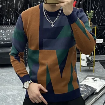 Осенне-зимний мужской шерстяной свитер контрастного цвета, пуловер с круглым вырезом и свитер с длинным рукавом, осенняя мужская подкладка 2023 г.