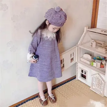 Осенне-зимняя одежда для девочек, детские платья для дня рождения и крещения, детское винтажное фиолетовое трикотажное платье трапециевидной формы с длинным рукавом