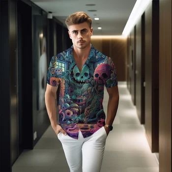 Персонализированная креативная рубашка с короткими рукавами с 3D-принтом, летняя высококачественная рубашка в готическом стиле, мужская модная однобортная рубашка