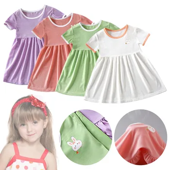Платье в стиле пэчворк с круглым вырезом и короткими рукавами и принтом кролика для маленьких девочек, от 0 до папы и дочки, платья для девочек с галстуком для девочек, платье для девочек