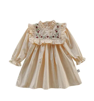 Платье с цветочной вышивкой для Детей, Девочек, 2023, Осенние Платья Принцессы с длинными рукавами, Детские Винтажные Платья, Одежда Vestido