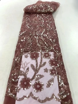 Плотная кружевная ткань из бисера, тюлевая сетка для вечернего платья, 5 ярдов, высококачественные Фиолетовые Африканские роскошные хрустальные бусины, сетка с блестками