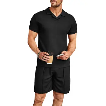 Пляжные повседневные шорты, рубашка поло с V-образным вырезом, два однотонных лацкана, повседневный мужской комплект с короткими рукавами, модный мужской комплект