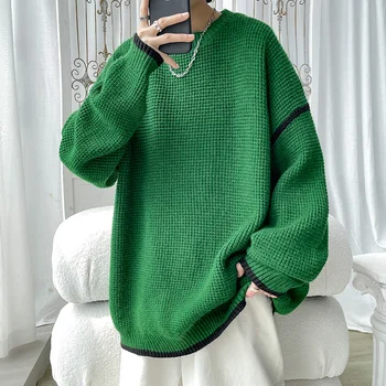 Повседневный свитер с круглым вырезом, мужской свободный пуловер в готическом стиле, зеленый свитер, вязаный свитер с вафельным рисунком, мужская уличная одежда, осень