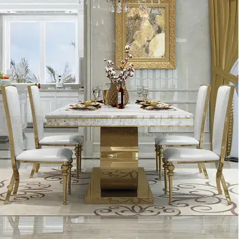 Постмодернистский Мраморный Кофейный обеденный стол высшего качества, сочетание стульев, Столешница из нержавеющей стали, Золотая Резная мебель для квартиры
