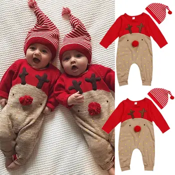 Рождественский комбинезон для новорожденных Мальчиков и девочек, милая одежда для рождественских комбинезонов с оленями, шляпа, наряды с длинными рукавами