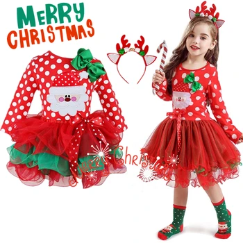 Рождественское Винтажное платье в горошек для маленьких девочек, Комплекты одежды для младенцев, Длинное платье-пачка Санта-Клауса, Наряды принцессы на День рождения