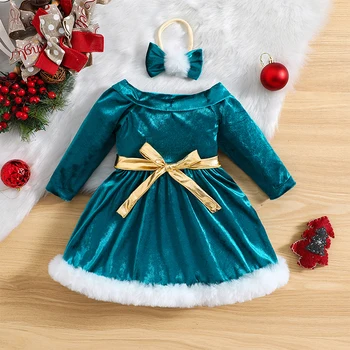 Рождественское платье для маленьких девочек с открытыми плечами, платье с меховой отделкой с длинным рукавом и повязкой на голову, праздничное платье для малышей, детская одежда