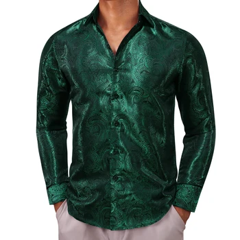 Роскошные рубашки для мужчин, шелковые, с длинным рукавом, Темно-зеленые, с Пейсли, Приталенные Мужские блузки, Повседневные топы, Дышащая уличная одежда Barry Wang