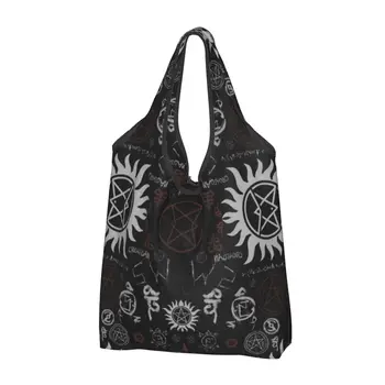 Сверхъестественные символы Женская повседневная сумка для покупок через плечо, большая вместительная сумка-тоут, портативная сумка для хранения, складные сумки